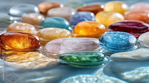 Colorful polished stones on water, sunlight through gems, tranquil scene photo