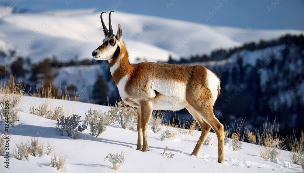 Striking Pronghorn in a Winter Wonderland A Majestic Mammal Standing Against a Backdrop of Fresh Snow and Mountain Peaks, Evoking the Tranquil Beauty of North Americas High Country. Striking Pronghorn in a Winter Wonderland A Majestic Mammal Standing Against a Backdrop of Fresh Snow and Mountain Peaks, Evoking the Tranquil Beauty of North Americas High Country.