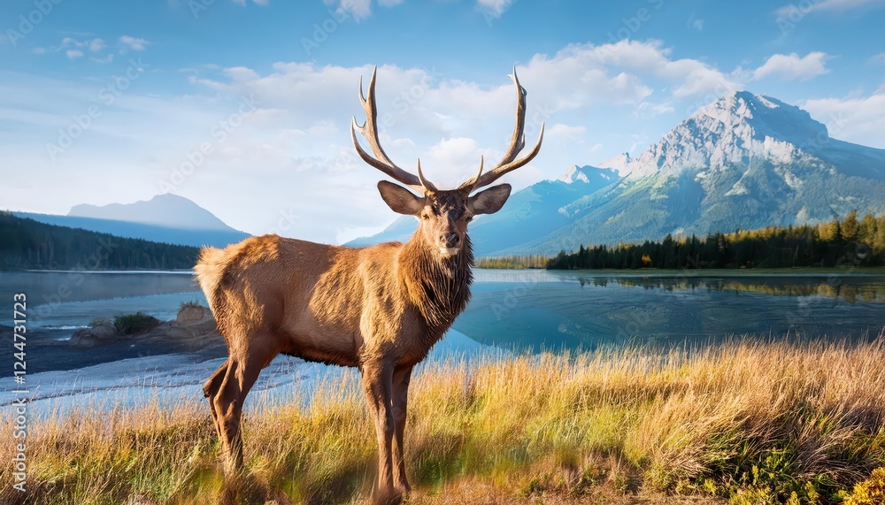 Fototapeta premium Vigilant Stag Grazing by Serene Round Lake at Dusk, Capturing the Tranquility of a Winters Eve in the Wilderness