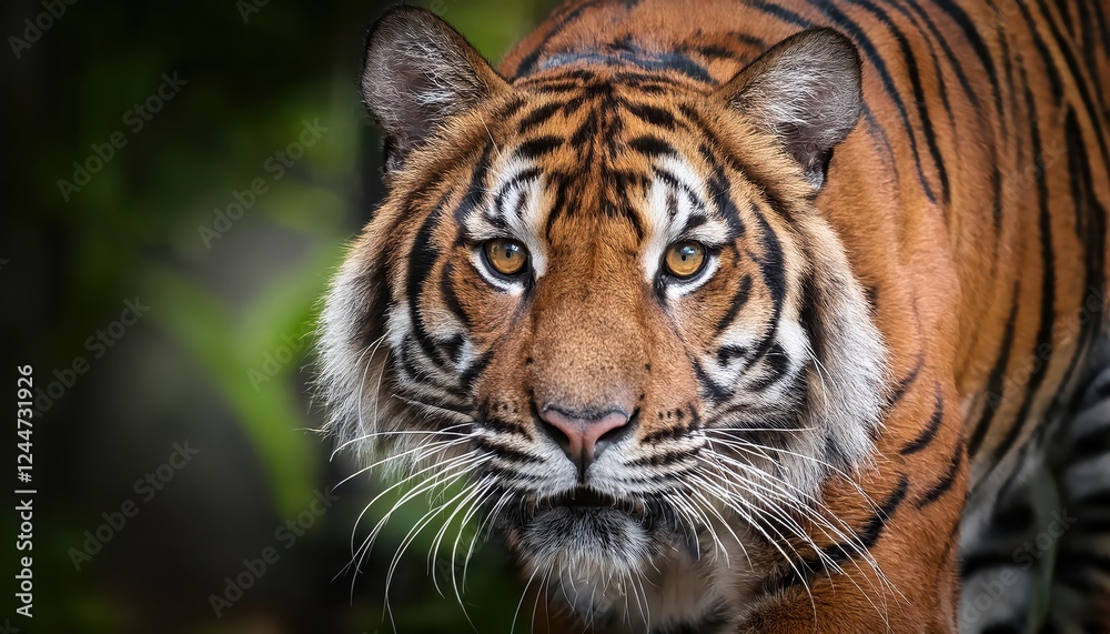 Powerful Sumatran Tiger Approaching Camera in the Heart of the Jungle, Displaying Majesty and Grace with Mesmerizing Eyes, Showcasing Vibrant Green Flora and Wildlife in a Mystical Landscape. Powerful Sumatran Tiger Approaching Camera in the Heart of the Jungle, Displaying Majesty and Grace with Mesmerizing Eyes, Showcasing Vibrant Green Flora and Wildlife in a Mystical Landscape.
