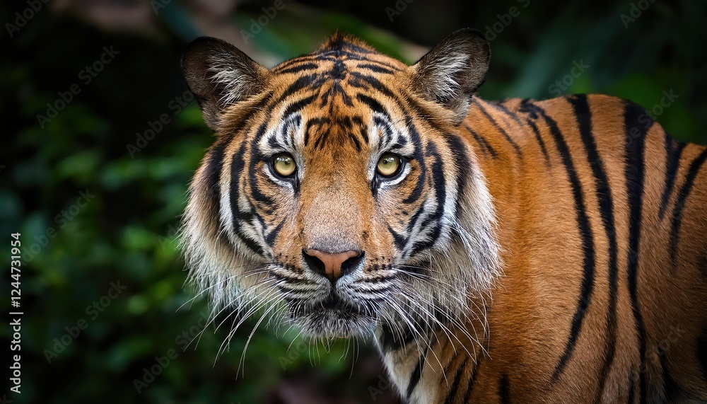 Striking Sumatran Tiger in the Wilderness Majestic Creature Approaching Camera with Pride and Power, Set Against a Lush Green Jungle Backdrop Striking Sumatran Tiger in the Wilderness Majestic Creature Approaching Camera with Pride and Power, Set Against a Lush Green Jungle Backdrop