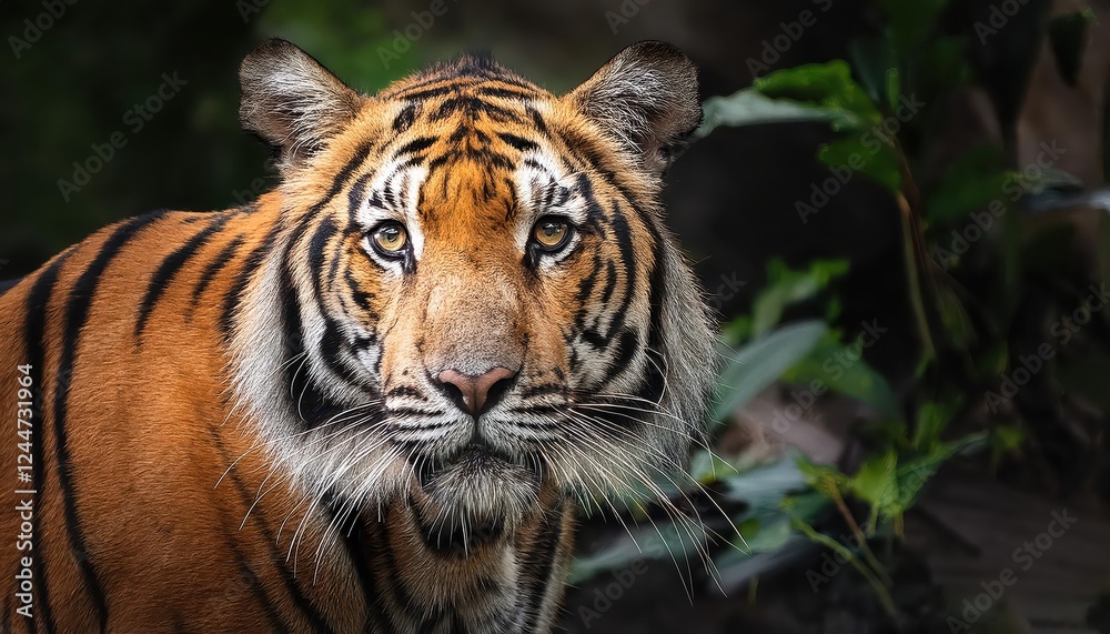Majestic Sumatran Tiger on the Prowl Close Encounter with an Endangered Beauty in a Lush Rainforest, Captured in the Early Morning Light. Majestic Sumatran Tiger on the Prowl Close Encounter with an Endangered Beauty in a Lush Rainforest, Captured in the Early Morning Light.