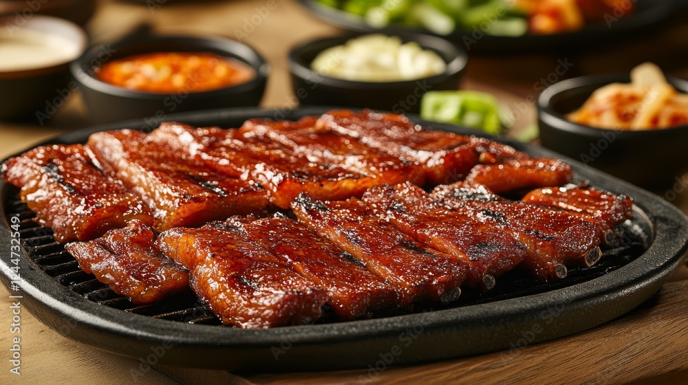 Delicious Grilled Meat on a Sizzling Plate with Fresh Vegetables