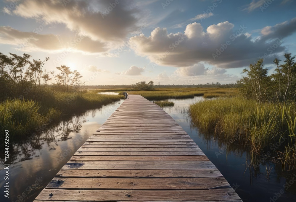 Obraz premium Spectacular view from a wooden boardwalk over the expansive wetlands of the Everglades, fauna, tropical birds, scenery, destination