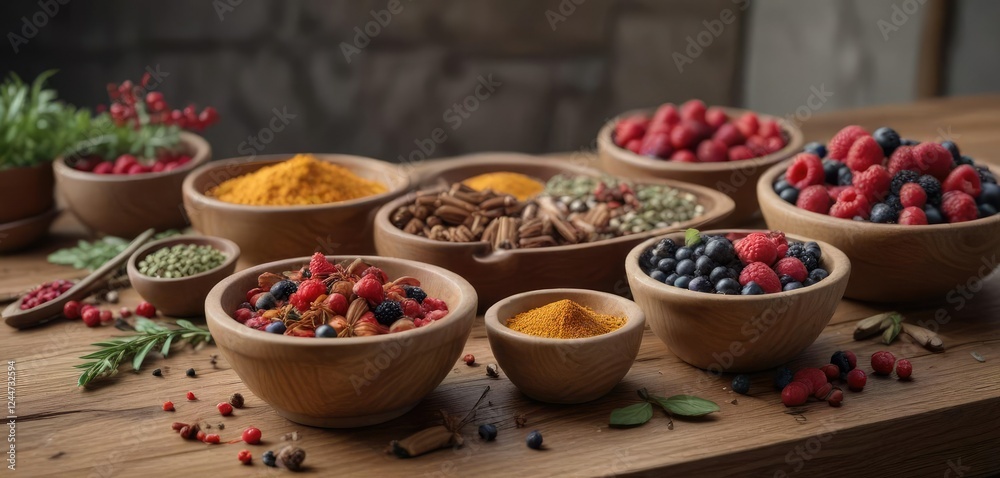 Fototapeta premium Spices and berries in wooden bowls on rustic table, spice rack, farmhouse decor, spice shelf, natural products