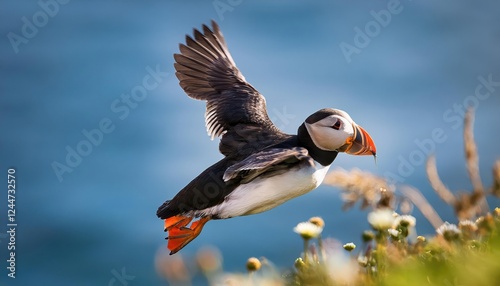 Striking Flight of the Arctic Puffin Against the Dramatic Cliffs of Flamborough Headland, East Riding, at Dusk photo