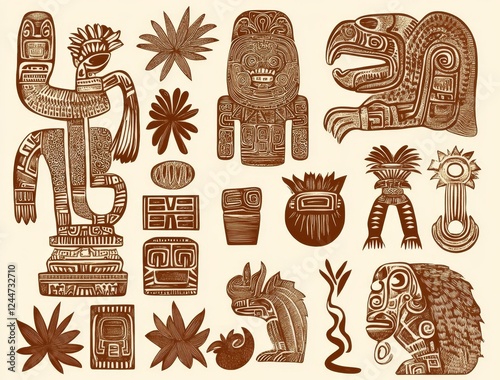 Mexican gods' symbol set. Abstract, animal and bird-based totem idols from the Aztec, Inca, and Maya ancient civilizations. Reflections of primitive and traditional traditions. Modern ornaments photo