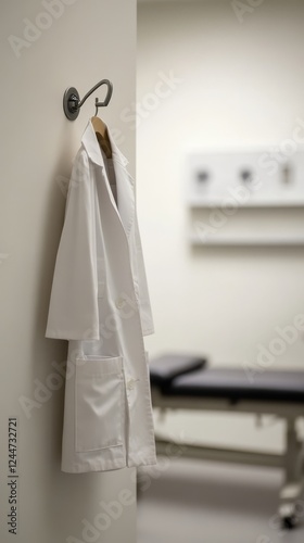 A pristine white lab coat hangs on a hook in a minimalist medical office, reflecting a sense of calm professionalism and preparedness for patient care.
