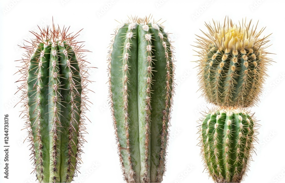 Three cacti of varying shapes and sizes, isolated on white.