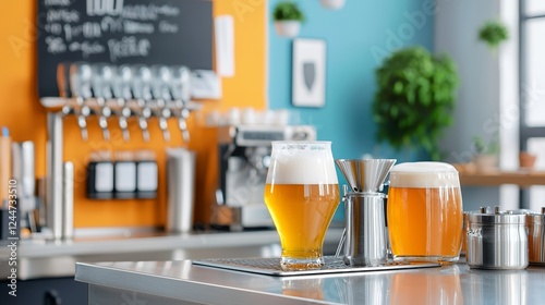 Two Glasses of Golden Beer on Bar Counter in Modern Brewery photo