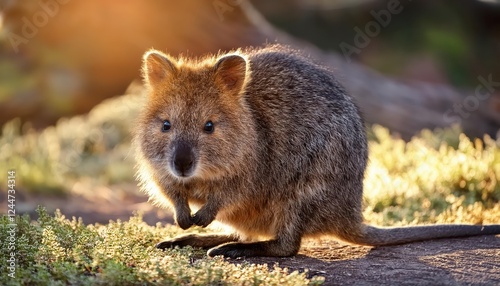 Playful Quokka Posing Amidst Tropical Greenery in Australias Northern Territory, Showcasing its Endearing Smile and Striking Coat Pattern, Capturing a Moment of Warmth and Friendliness. photo