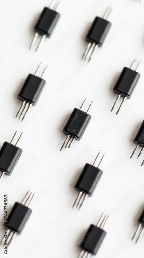 Black Electronic Components Arranged in a Grid Pattern on White Background Black Electronic Components Arranged in a Grid Pattern on White Background