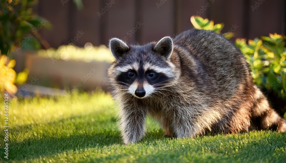 Enigmatic Masked Bandit Wild Raccoon Exploring a Cozy Backyard Amidst Autumn Leaves and Sunlit Meadow, Offering Captivating Moment of Natures Grace. Enigmatic Masked Bandit Wild Raccoon Exploring a Cozy Backyard Amidst Autumn Leaves and Sunlit Meadow, Offering Captivating Moment of Natures Grace.