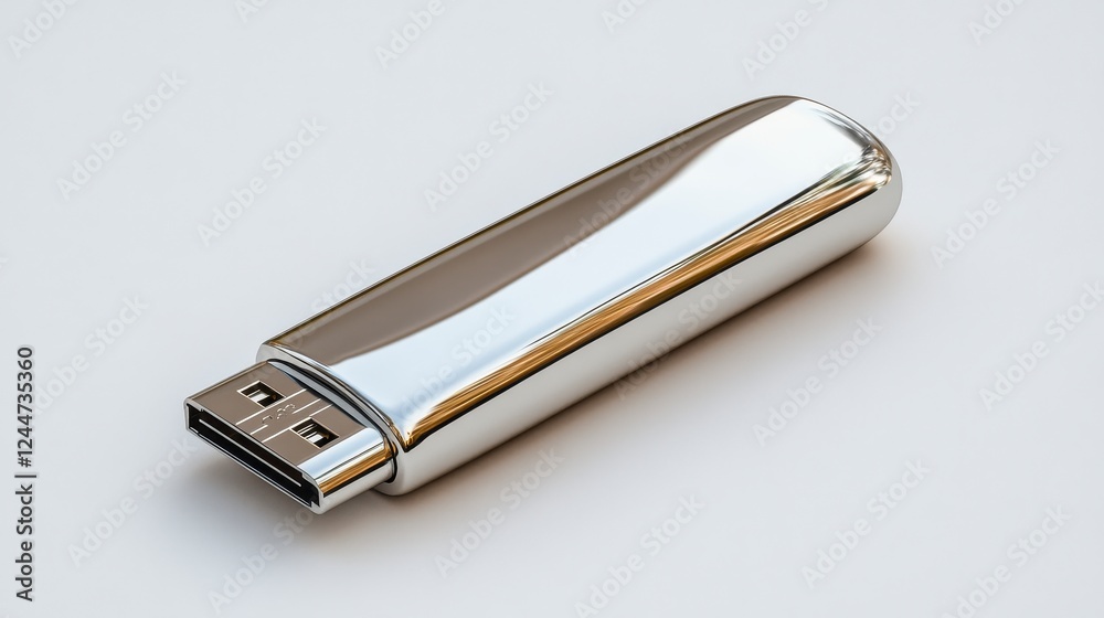 Sleek Silver Metallic USB Flash Drive on White Background Sleek Silver Metallic USB Flash Drive on White Background