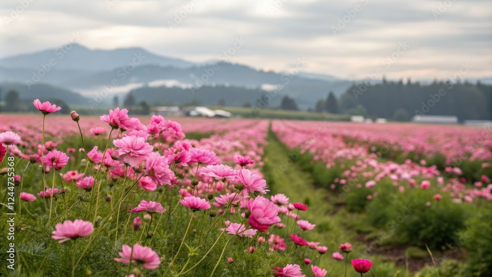 Pink flowers in a field with a blurry foreground and background of flowers, lush green grass, gentle sunlight filtering through, delicate flower stems, pastel hues, gentle breeze rustling leaves Pink flowers in a field with a blurry foreground and background of flowers, lush green grass, gentle sunlight filtering through, delicate flower stems, pastel hues, gentle breeze rustling leaves