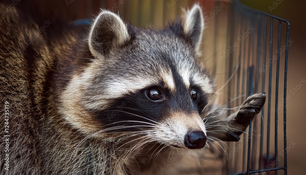 Striking Portrayal of Wild Raccoon Trapped, Showcasing Intricate Fur Textures and Sharp Eyes, Captured in Dramatic Forest Setting with Muted Autumn Colors. Striking Portrayal of Wild Raccoon Trapped, Showcasing Intricate Fur Textures and Sharp Eyes, Captured in Dramatic Forest Setting with Muted Autumn Colors.