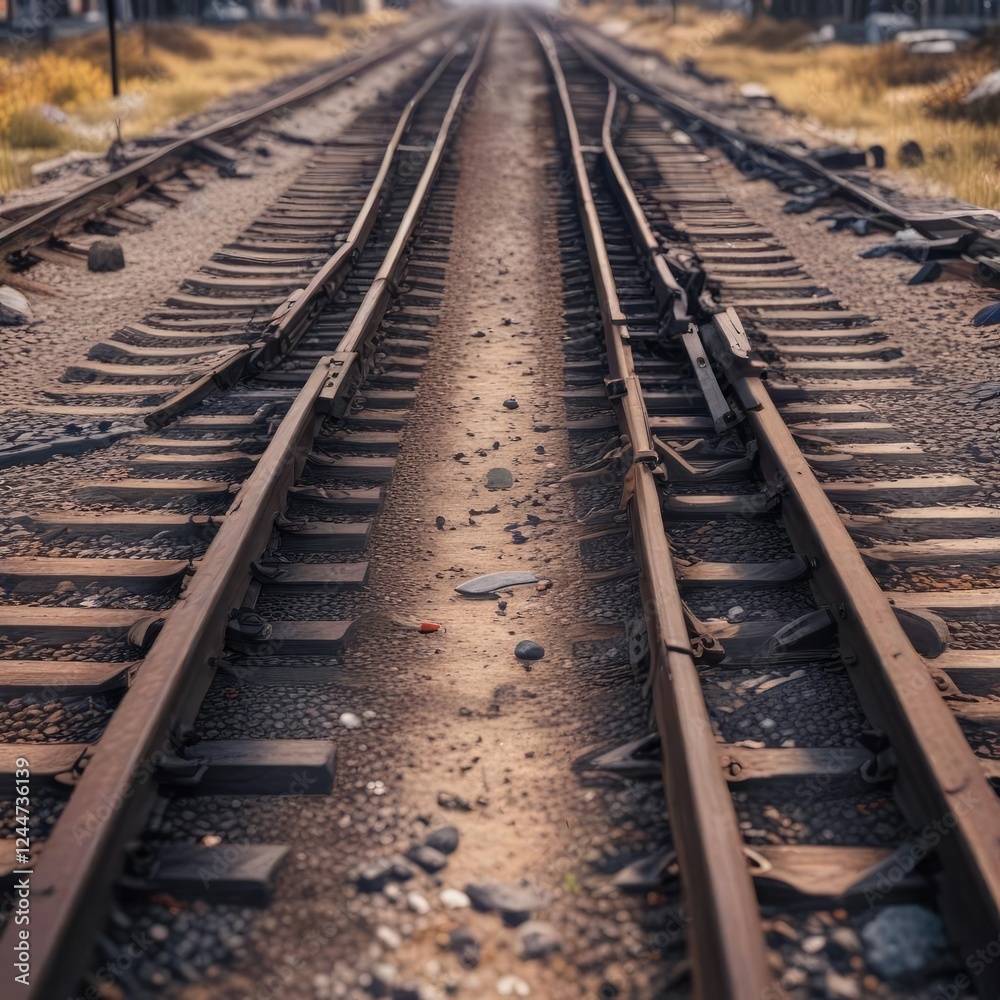 Railroad tracks veering off in different directions, track divergence, railroad tracks, separate paths Railroad tracks veering off in different directions, track divergence, railroad tracks, separate paths