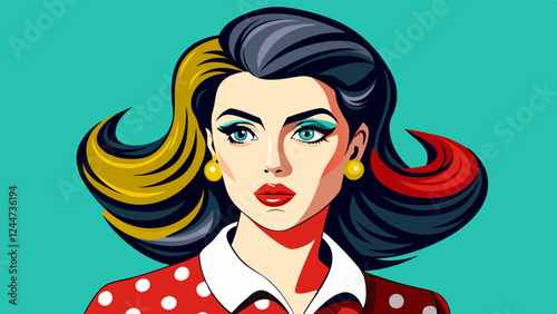 Realistic vector illustration of a beautiful woman in retro pop art style with kissing lips