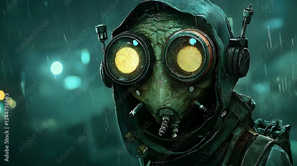A government agent wearing a protective gas mask and carrying an unknown extraterrestrial specimen is navigating through a dark and ominous environment A government agent wearing a protective gas mask and carrying an unknown extraterrestrial specimen is navigating through a dark and ominous environment