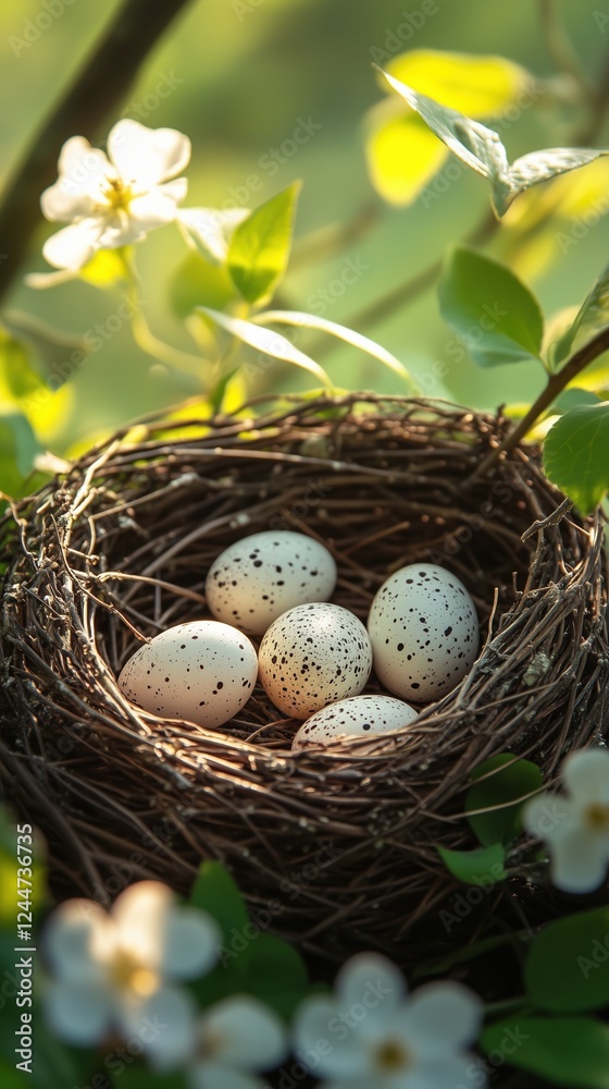 Charming bird's nest with speckled eggs surrounded by lush foliage in springtime