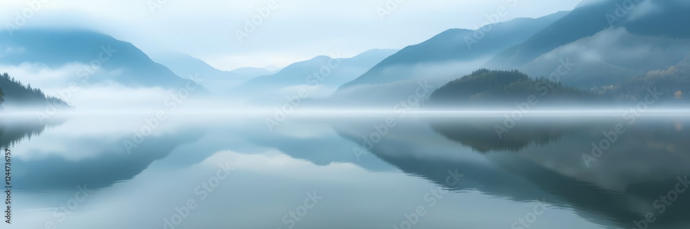 Fototapeta premium Reflections of misty mountains in a still lake, serenity, mountainous, light