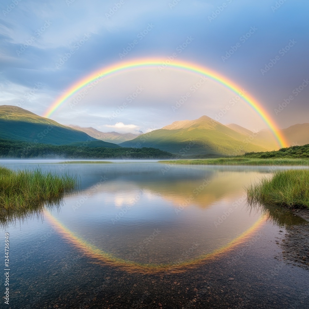 A serene view of a rainbow arching over a tranquil lake surrounded by lush mountains, reflecting nature's vibrant colors. A serene view of a rainbow arching over a tranquil lake surrounded by lush mountains, reflecting nature's vibrant colors.