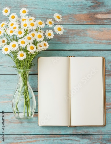 A serene setting featuring a vase of daisies beside an open blank notebook on a rustic wooden table.