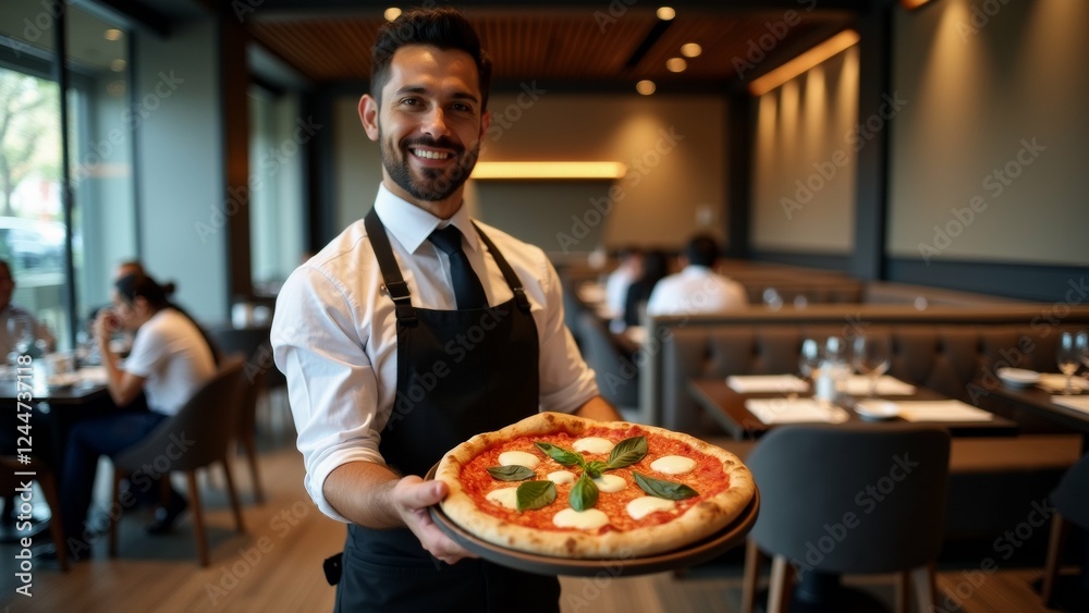 young man holding large pizza restaurant wearing black apron white shirt has beard mustache has big smile his face holding pizza both hands pizza round has various toppings including pepperoni young man holding large pizza restaurant wearing black apron white shirt has beard mustache has big smile his face holding pizza both hands pizza round has various toppings including pepperoni