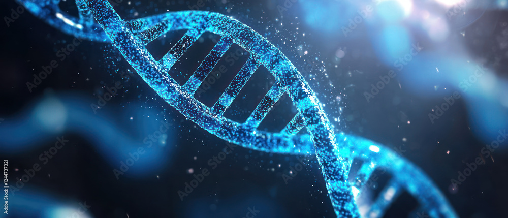 A close up view of shimmering DNA double helix, representing genetic research and personalized medicine A close up view of shimmering DNA double helix, representing genetic research and personalized medicine