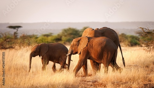 Striking Twin Elephants Frolicking Among a Vibrant Samburu Herd under the African Savannah Sunset, Kenya photo