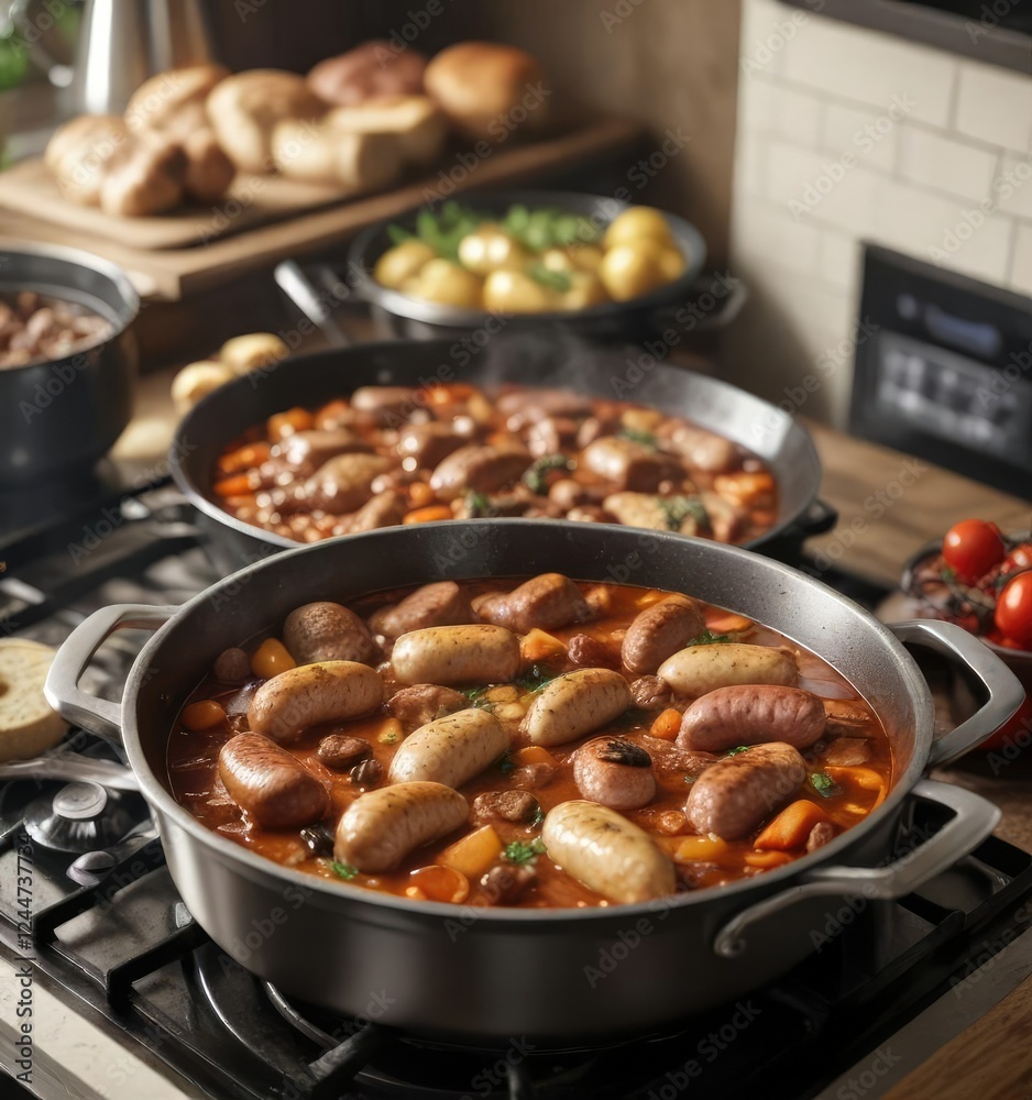 Sausage and chicken stew simmering on the stove, cooking stoves, simmering sauces, hearty stews Sausage and chicken stew simmering on the stove, cooking stoves, simmering sauces, hearty stews