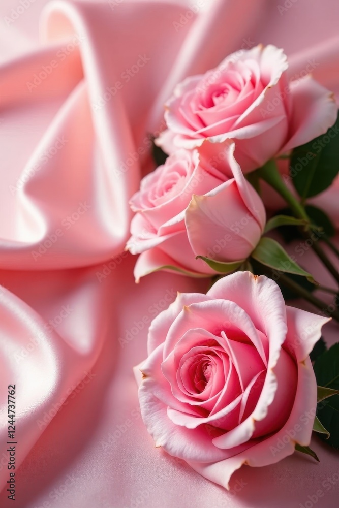 Fototapeta premium Soft pink roses draped elegantly on flowing silk , elegant, delicate roses, flowing silk