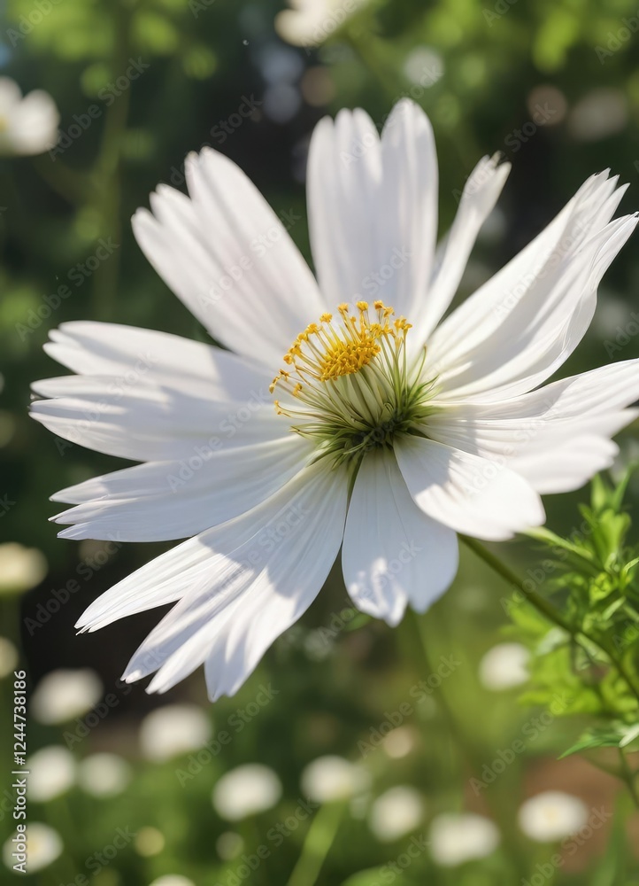 Serene image of a white cosmos flower gently swaying in the breeze against a blurred garden, soft focus, breeze Serene image of a white cosmos flower gently swaying in the breeze against a blurred garden, soft focus, breeze