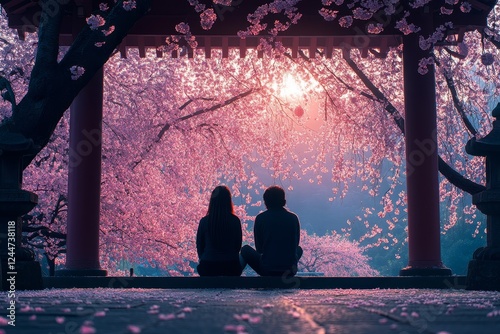 Couple silhouetted at sunrise, cherry blossoms, temple
