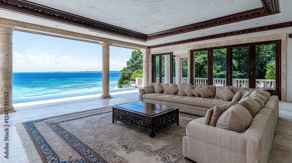 Fototapeta premium Spacious Ocean View Living Room with Beige Sofa and Patterned Rug