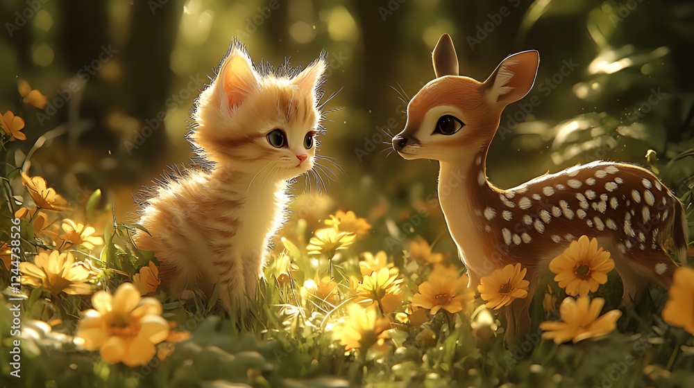Fototapeta premium Kitten, fawn, forest, flowers, sunlight, friendship, digital art, illustration, spring