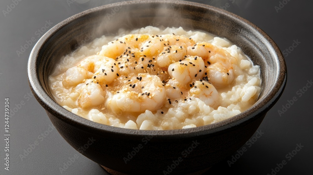 A steaming bowl of soy-marinated shrimp served with freshly cooked rice and a drizzle of sesame oil. A steaming bowl of soy-marinated shrimp served with freshly cooked rice and a drizzle of sesame oil.