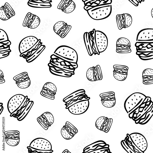 doodle burger pattern background. doodle fast food burger seamless pattern background. seamless pattern of burger in doodle style. Seamless Pattern of a Cheese Burger or Hamburger. hamburger pattern.