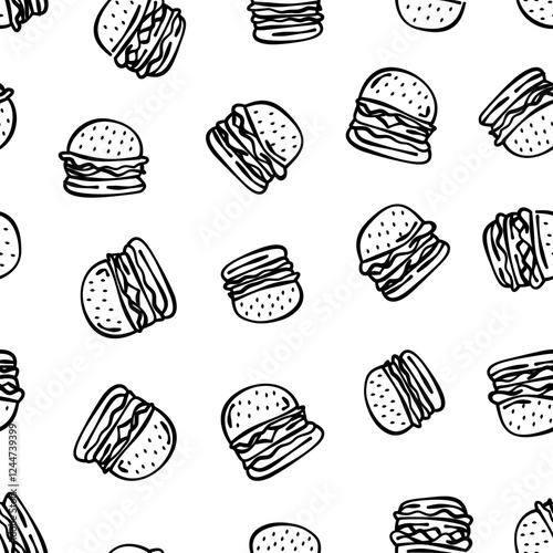 doodle burger pattern background. doodle fast food burger seamless pattern background. seamless pattern of burger in doodle style. Seamless Pattern of a Cheese Burger or Hamburger. hamburger pattern.