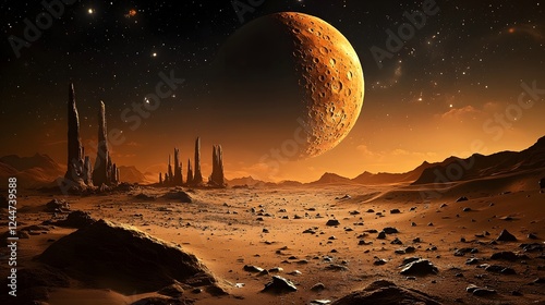 Captivating 3D depicting a cosmic anomaly altering the surface of the Moon creating a surreal and otherworldly landscape in a futuristic sci fi fantasy environment photo