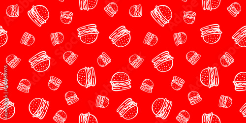 doodle burger pattern background. doodle fast food burger seamless pattern background. seamless pattern of burger in doodle style. Seamless Pattern of a Cheese Burger or Hamburger. hamburger pattern.