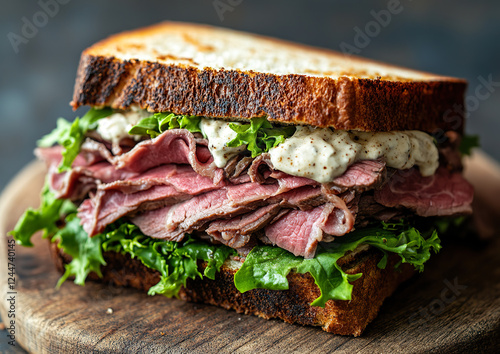 Roast beef sandwich with fresh lettuce and horseradish on a rustic wooden board, professional food photo, overhead view composition. photo