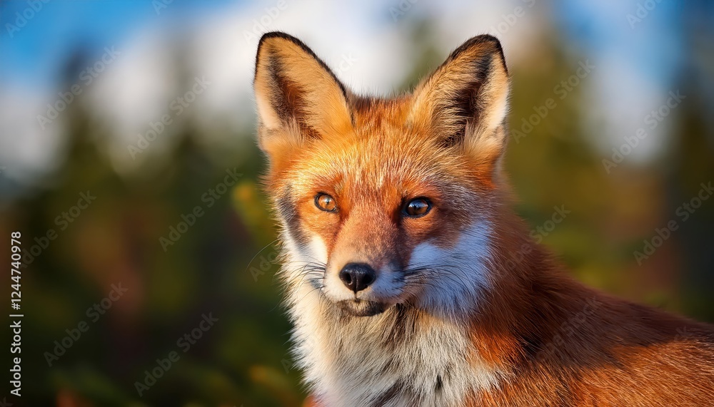 Striking Closeup Portrait of a Red Fox Among Bokeh Pine Trees Backdrop, Capturing the Wild Majesty and Mystery of Vulpes vulpes Striking Closeup Portrait of a Red Fox Among Bokeh Pine Trees Backdrop, Capturing the Wild Majesty and Mystery of Vulpes vulpes