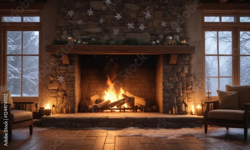 snowflakes gently fall outside a large stone fireplace as the fire crackles and pops, snowy mountains, hearth photo