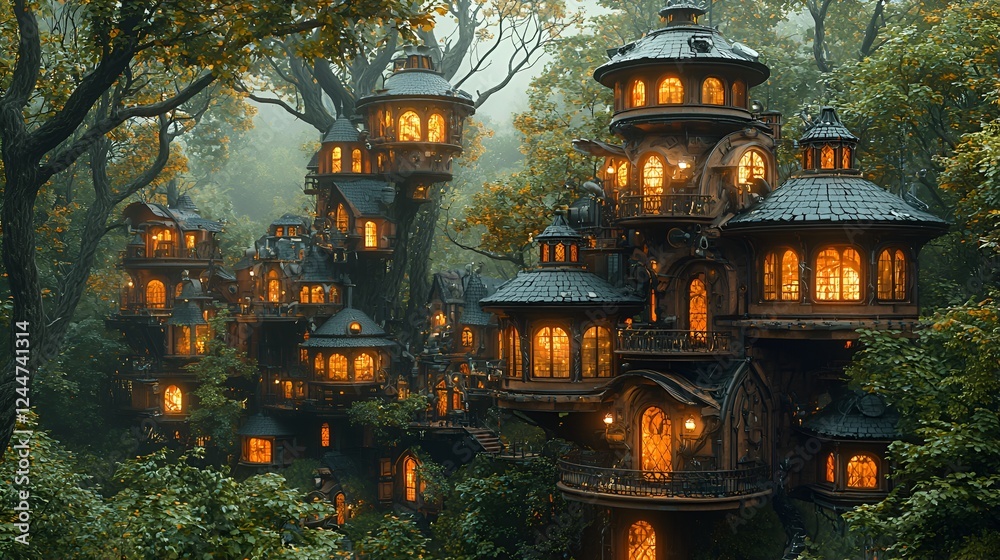 Obraz premium Illuminated treetop village in misty forest; fantasy architecture, magical setting; ideal for fairytale book covers