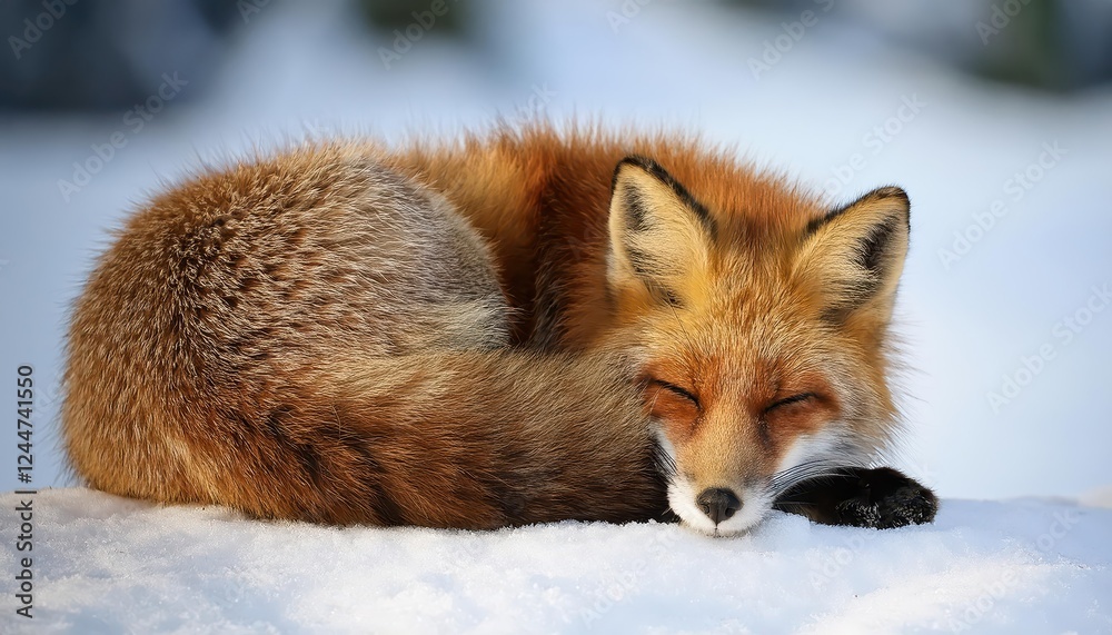 Naklejka premium Winters Embrace A Red Fox Gazes Intently Amidst the Tranquil Blanket of Fresh Snow, Capturing the Serene Beauty and Stillness of a Frozen Morn.