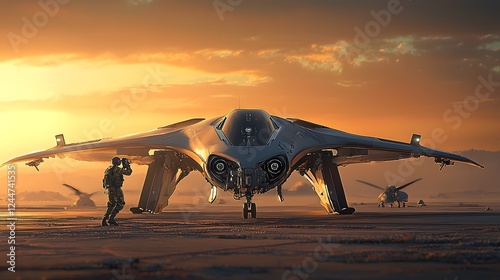 Drone captures a top secret image of a highly advanced futuristic stealth aircraft prototype under classified military development in a remote desert environment at sunset