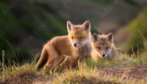 Adorable Red Fox Cubs Frolicking in a Lush Forest Meadow, Basking in the Warm Rays of the Afternoon Sun.