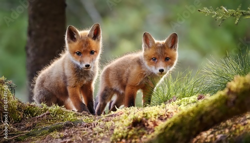 Playful Red Fox Cubs Frolicking in a Lush Natural Habitat at Dusk, Showcasing Soft Fur Textures and Warm Tones Amidst a Backdrop of Dappled Light and Vibrant Autumnal Colors.