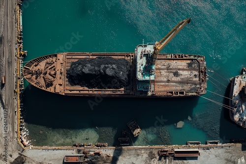 Ship cranes and grabs are utilized to transfer coal from cargo barges to a bulk carrier at the port of Muara Pantai, Indonesia photo